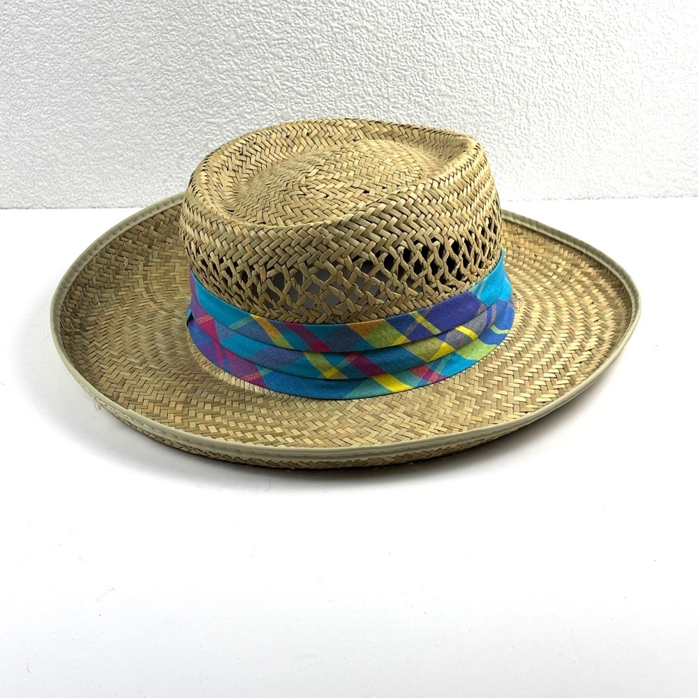 Straw Sun Hat Unisex XL Tan Plaid Band Made in USA Fedora Beach Summer Preppy